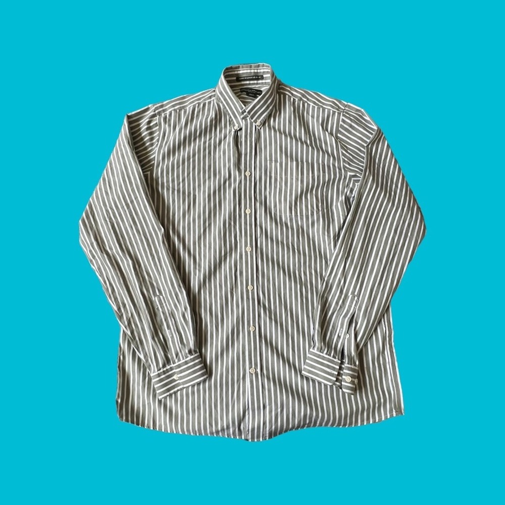 Eddie Bauer Dress Shirt Button Relaxed Fit Wrinkle FREE Green White Men TXL